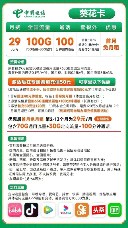 电信葵花卡 29元月租70G通用+30G定向+100分钟语音【实惠】 第1张 电信葵花卡 29元月租70G通用+30G定向+100分钟语音【实惠】 第1张
