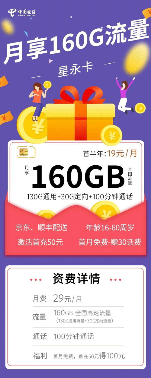电信星永卡 19元月租含130G通用+30G定向+100分钟【巨划算】 第1张 电信星永卡 19元月租含130G通用+30G定向+100分钟【巨划算】 第1张