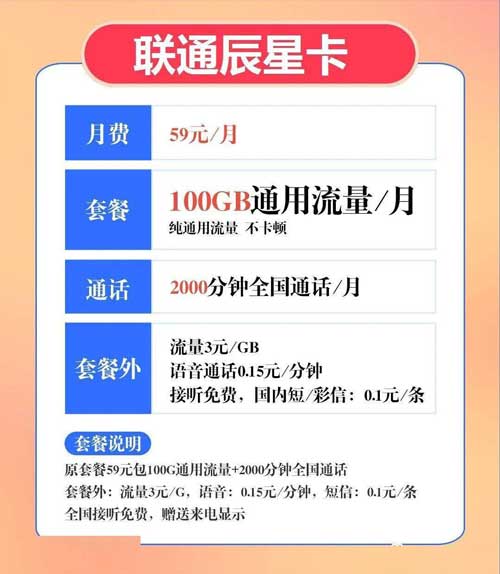 联通套餐语音2000分钟，59元包100G流量+2000分钟通话  第1张