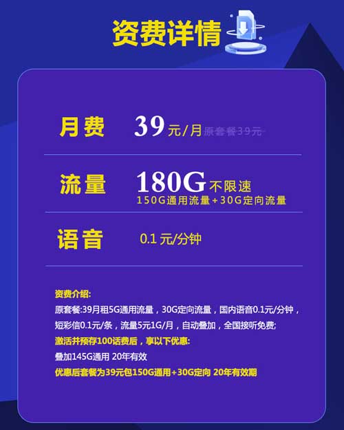 山东电信流量星卡，电信大烧烤卡39元180G(20年套餐)  第1张
