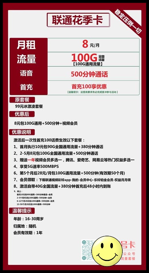 什么电话卡流量多又省钱	， 联通花季卡8元包100G通用+500分钟通话+视频会员  第1张