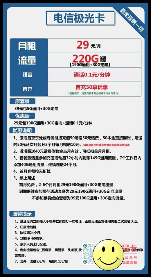 电信极光卡	，29元包190G通用流量+30G定向流量  第1张