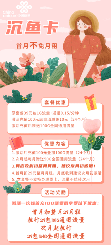 【存在未激活订单可下单】联通沉鱼卡 29元月租享151G通用流量 第1张 【存在未激活订单可下单】联通沉鱼卡 29元月租享151G通用流量 第1张