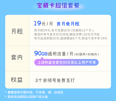 移动19元宝藏卡 19元月租60G通用+30G定向【实惠套餐】 第1张 移动19元宝藏卡 19元月租60G通用+30G定向【实惠套餐】 第1张