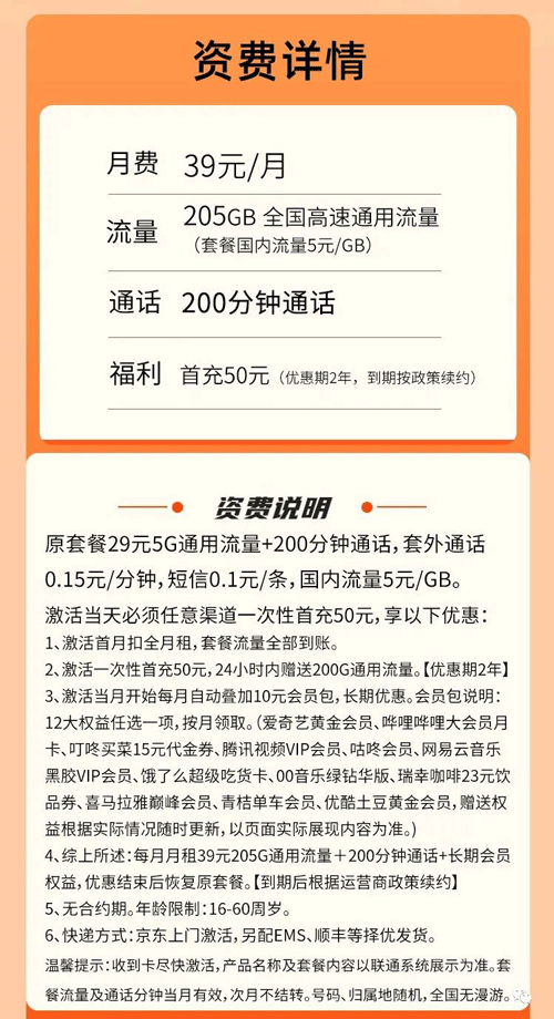 联通金鸡卡 39元月租含205G通用+200分钟语音+会员领取【爆火套餐】 第1张 联通金鸡卡 39元月租含205G通用+200分钟语音+会员领取【爆火套餐】 第1张