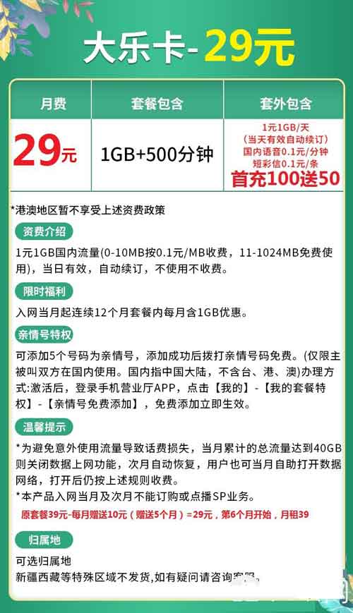 联通大乐卡29元套餐介绍	，1G流量+500分钟通话+5个亲情号  第1张