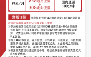 电信江江卡 29元月租85G通用+30G定向+100分钟语音【电信神卡】
